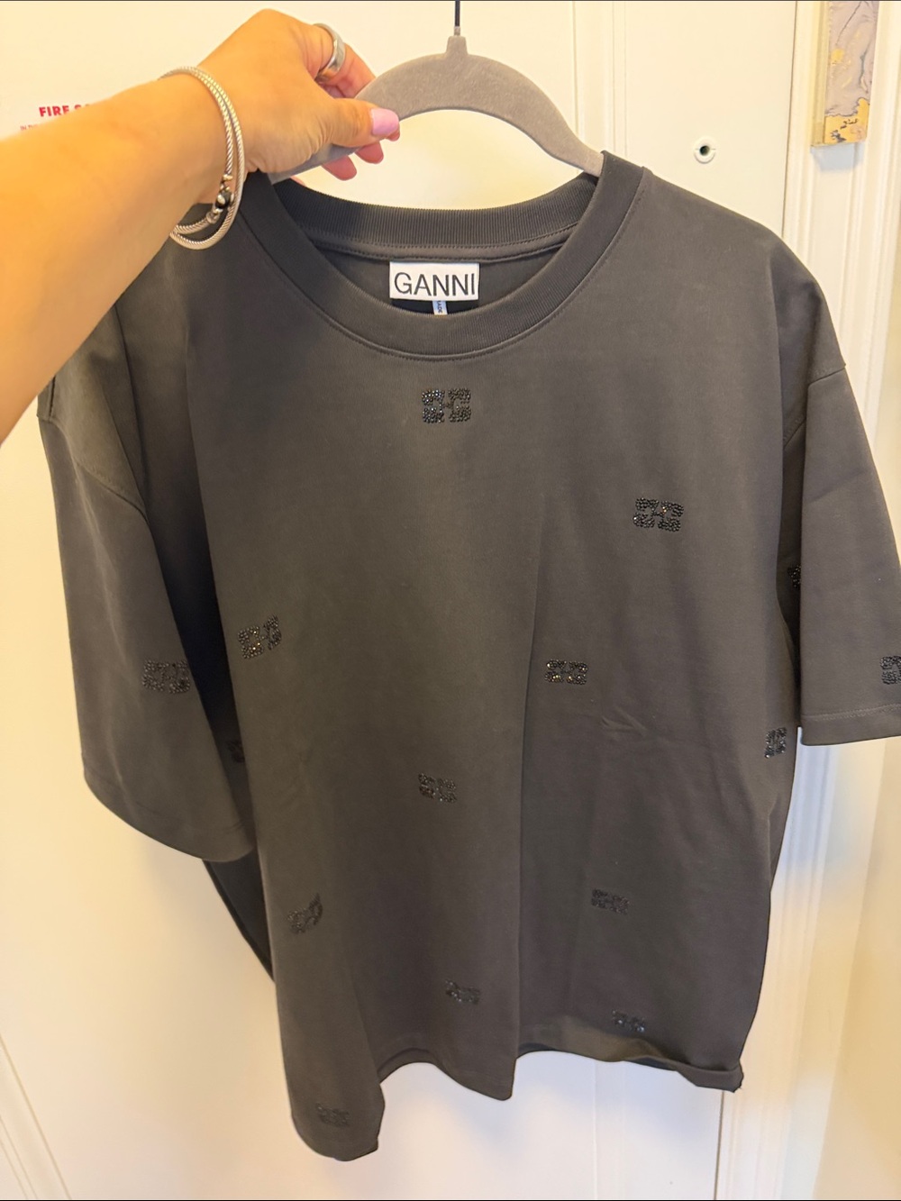 Ganni Embellished Charcoal Gray Tee Size XL NWT